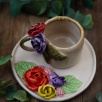El Yapımı Tasarım Seramik Çiçekli Mug Set