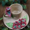 El Yapımı Tasarım Seramik Mug Set Bordo Çiçekli