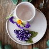 El Yapımı Tasarım Seramik Mug Set Mor Büyük Çiçekli
