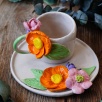 El Yapımı Tasarım Seramik Mug Set Turuncu ve Pembe Çiçekli