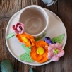 El Yapımı Tasarım Seramik Mug Set Turuncu ve Pembe Çiçekli