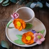 El Yapımı Tasarım Seramik Mug Set Turuncu ve Pembe Çiçekli