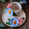 El Yapımı Tasarım Seramik Mug Set Mavi ve Pembe Çiçekli