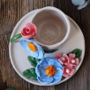 El Yapımı Tasarım Seramik Mug Set Mavi ve Pembe Çiçekli