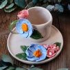 El Yapımı Tasarım Seramik Mug Set Mavi ve Pembe Çiçekli