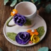 El Yapımı Tasarım Seramik Mug Set Bordo Çiçekli