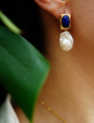 El Yapımı Tasarım Gümüş Küpe Barok İnci ve Lapis Lazuli
