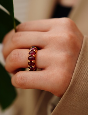 El Yapımı Tasarım Tam Tur Garnet Taşlı Gümüş Yüzük