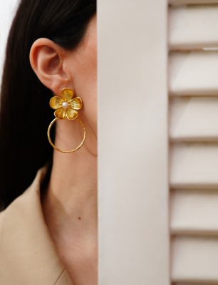 Handmade Flower Design Brass Earrings With Pearls