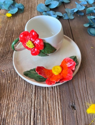 Coffee Mug Set with Big Red Flower
