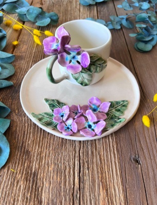 Mor Çiçekli Kahve Mug Set