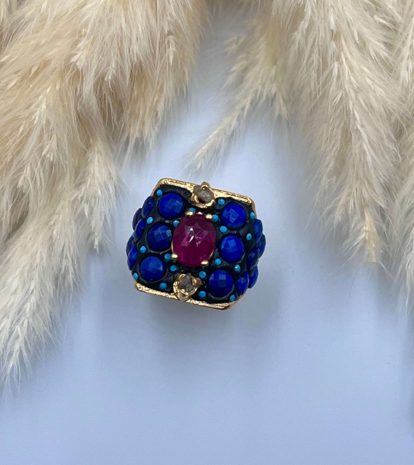 Lapis Lazuli, Yakut ve Elmas Taşlı Gümüş Yüzük