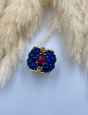 Lapis Lazuli, Yakut ve Elmas Taşlı Gümüş Yüzük