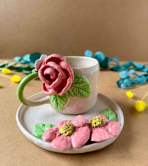 Pembe Çiçekli Kahve Mug Set