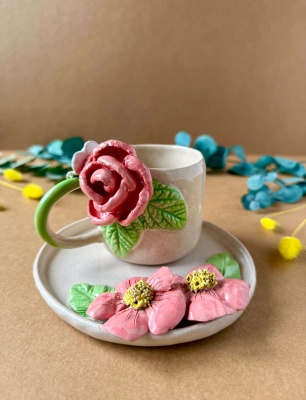 Pembe Çiçekli Kahve Mug Set