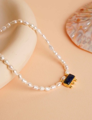 Brass Necklace with Lapis Lazuli and Pearl