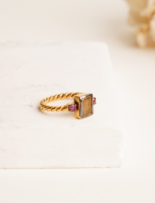Silver Ring with Quartz and Ruby Stones