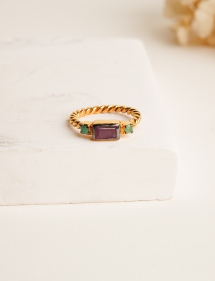 Silver Ring with Emerald and Ruby Stones