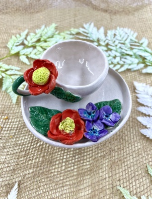 Kırmızı Çiçekler Türk Kahvesi Fincan Set
