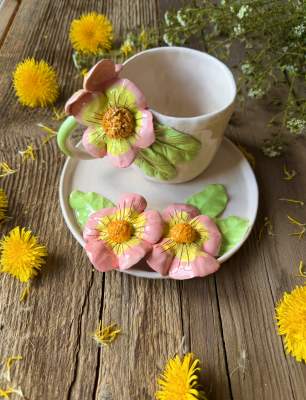 Büyük Pembe Çiçek Kahve Mug Set