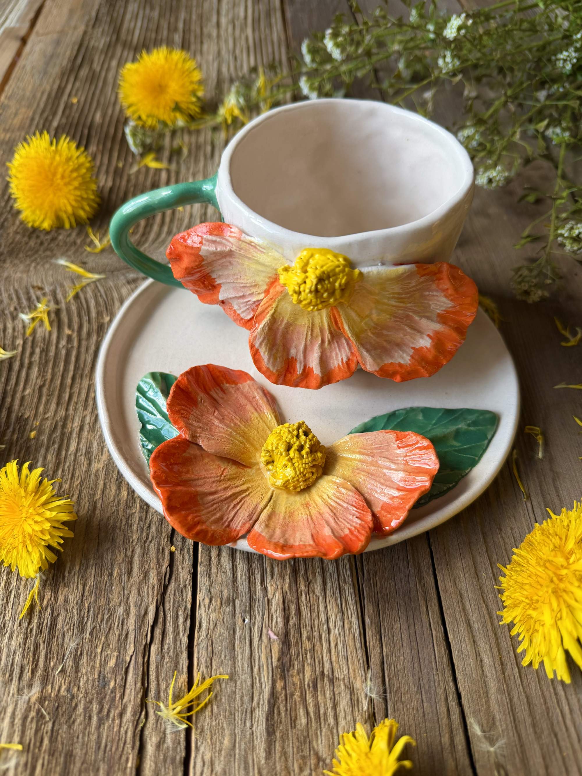 Büyük Turuncu Çiçek Kahve Mug Set