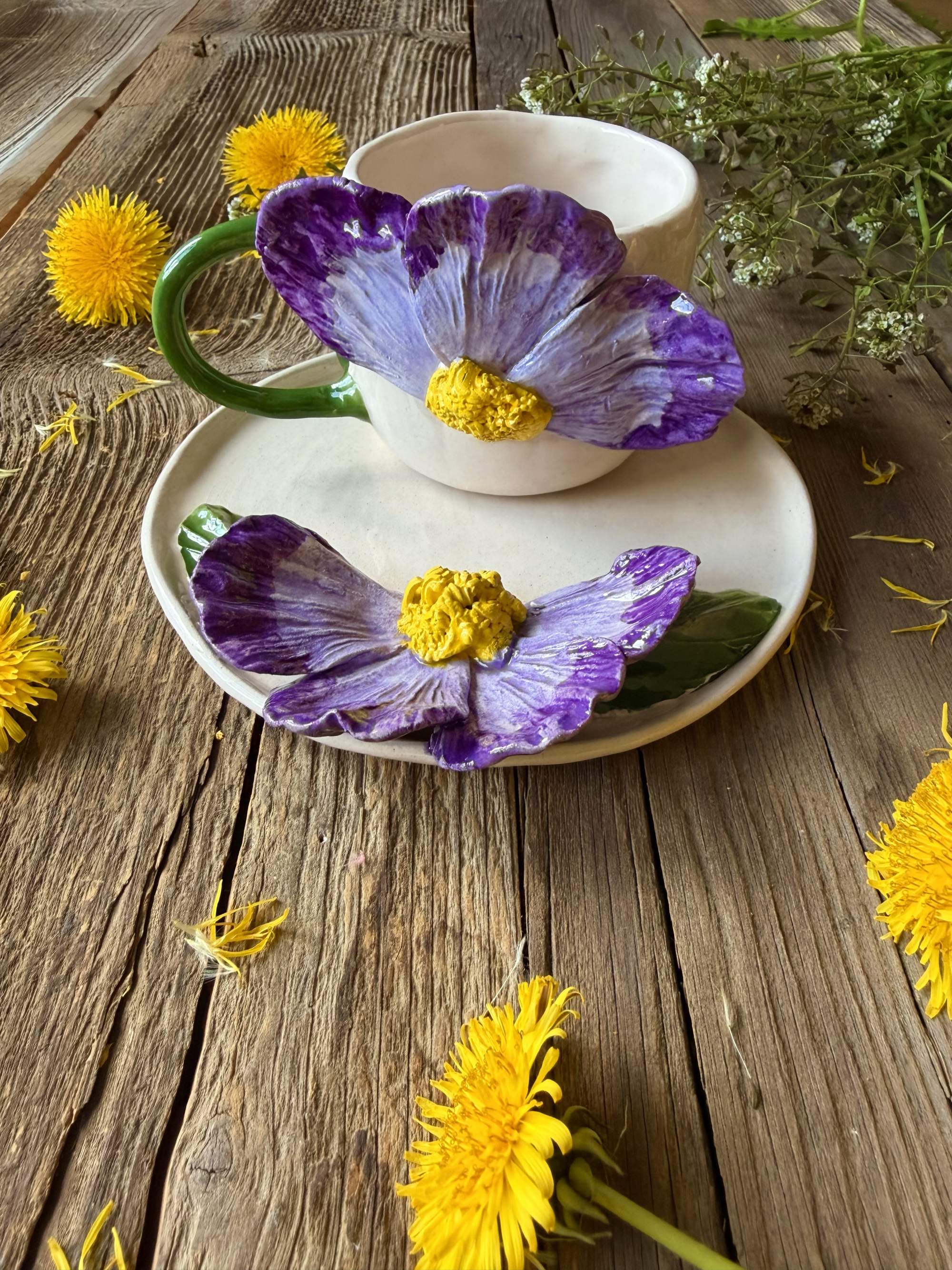 Büyük Mor Çiçek Kahve Mug Set