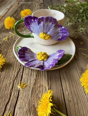 Büyük Mor Çiçek Kahve Mug Set