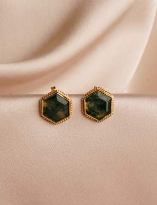 Yosun Akik Taşlı 14K Altın Küpe