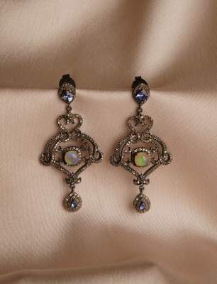 Opal ve Elmas Taşlı Gümüş Küpe