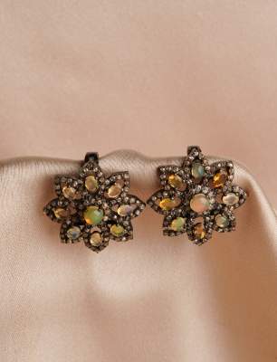 Opal ve Ham Elmas Taşlı Gümüş Küpe