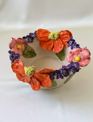 Middle Size Ceramic Bowl with Big Orange Flower