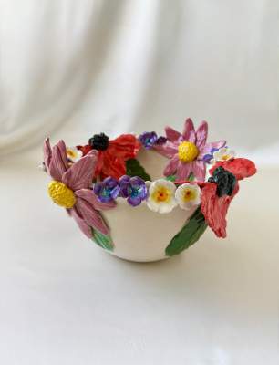 Middle Size Ceramic Bowl with Big Poppy Flowers