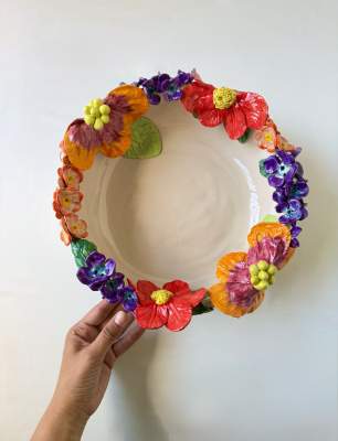 Middle Size Ceramic Bowl with Colorful Flower