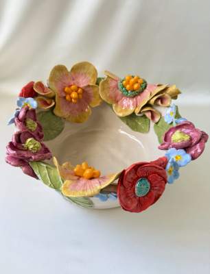 Middle Size Ceramic Bowl with Full Flowers
